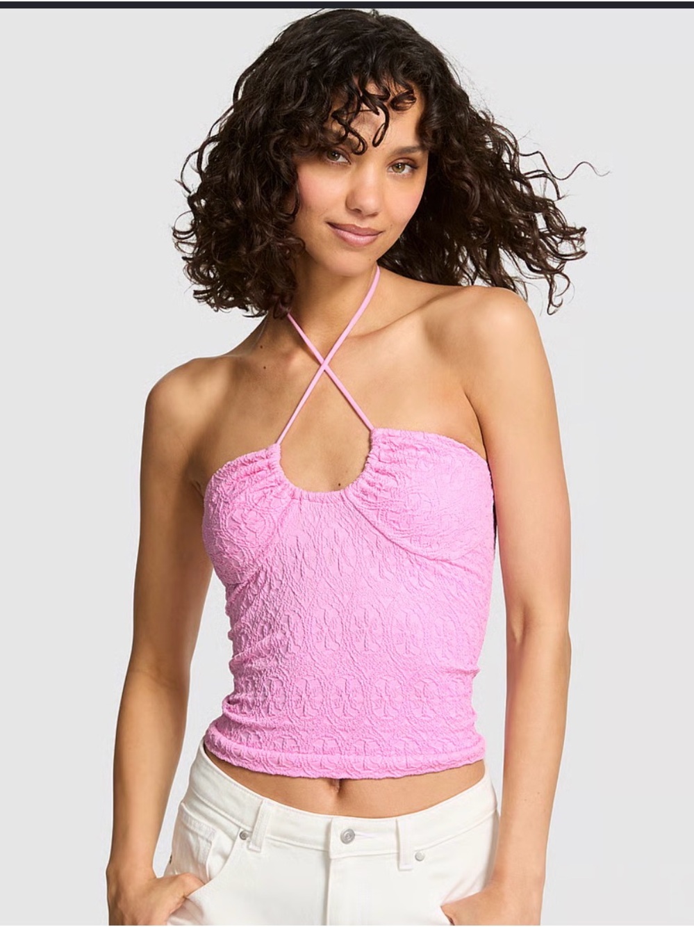 Pink Crinkle Halter Tank Top